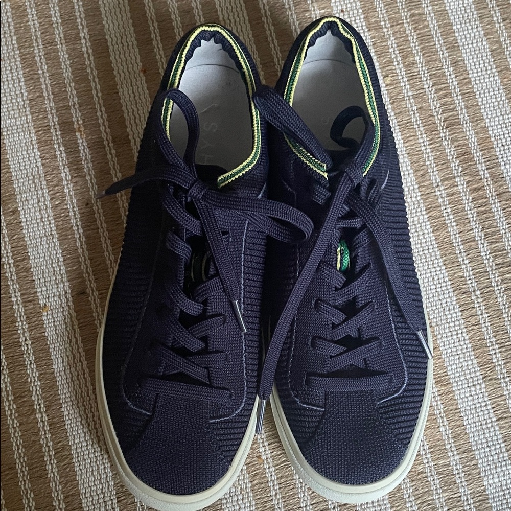 Rothy's Dark Blue Sneakers with Green Highlights